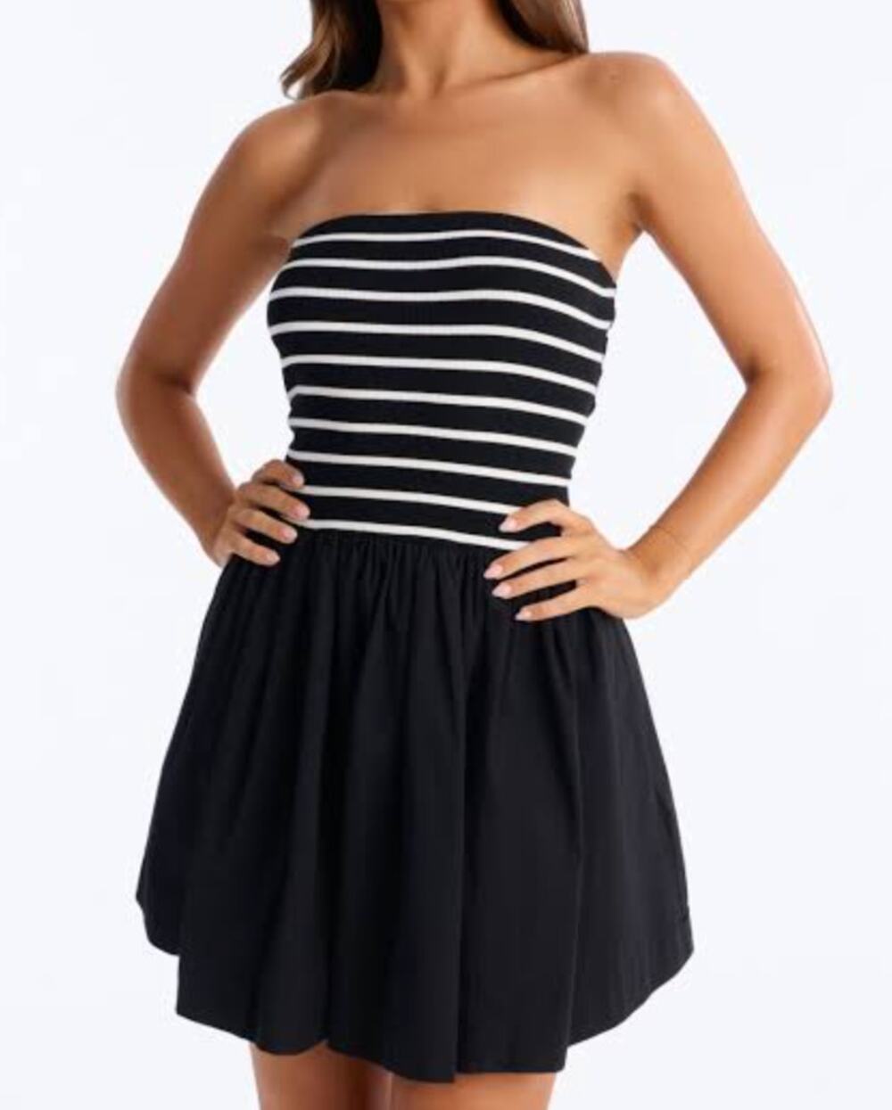 Miou Muse Striped Strapless Ribbed Mini Dress Black White Small
